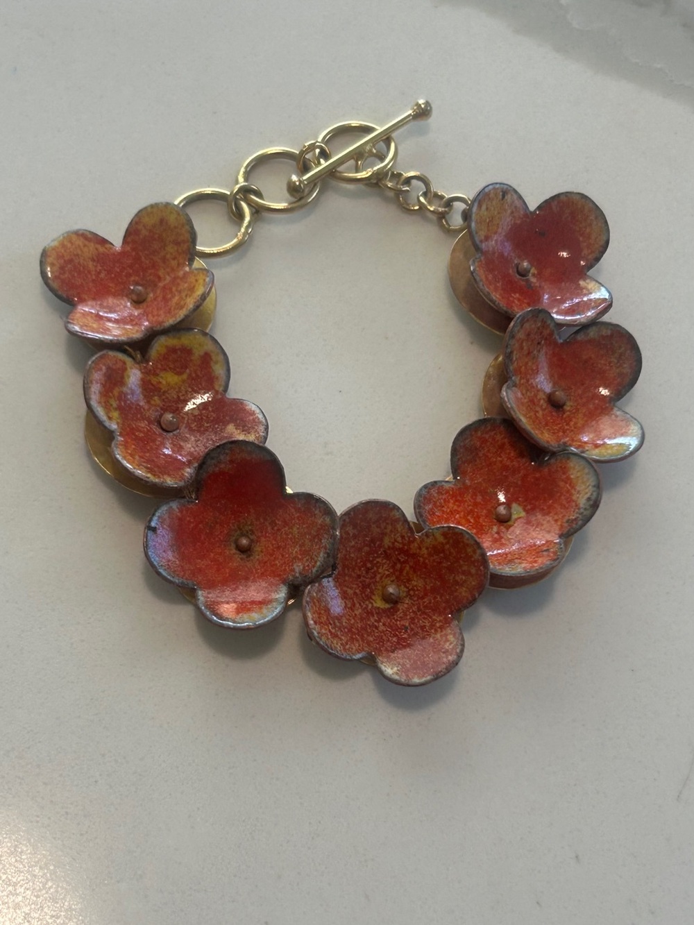 Jenny Walker Handcrafted 7in m Red Floral Enamel Statement toggle Bracelet New